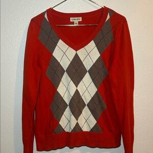 St. John's Bay Red and Brown Argyle V-Neck Sweater